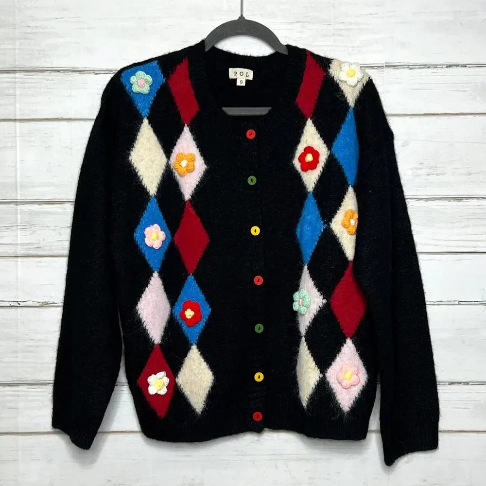 POL Argyle Diamond Floral Cardigan Black Knit Button Front Sweater Size Small